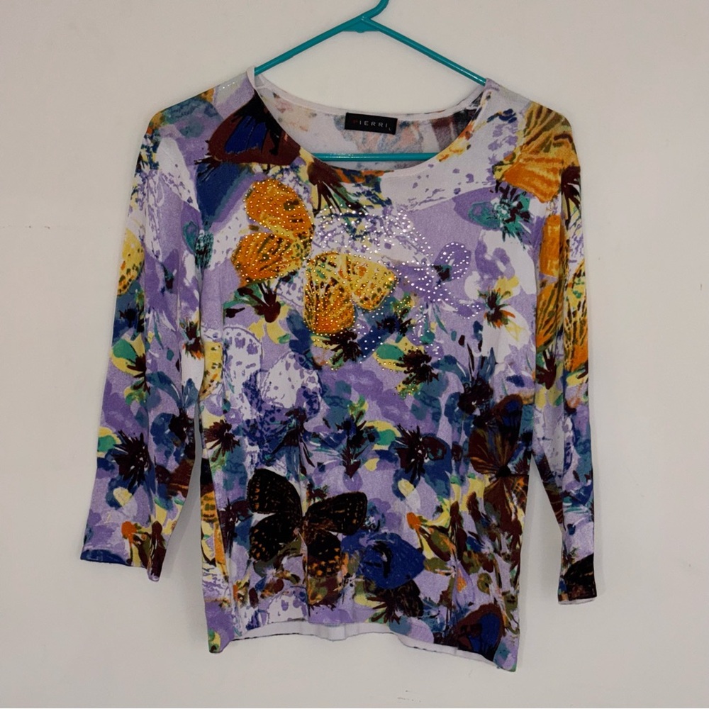 Pierri Butterfly Floral Top Size L Rhinestone Detail